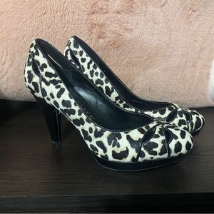 White House Black Market leopard print calf hair heels